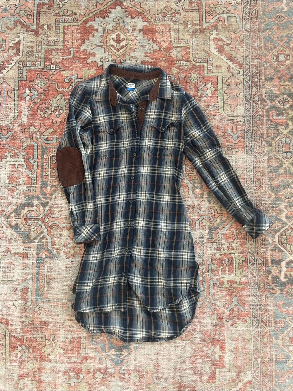 Kavu Navy and Brown Plaid Button-Up Dress